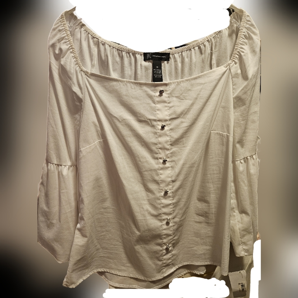 Off the shoulder 3/4 length sleeve top with silver buttons down front